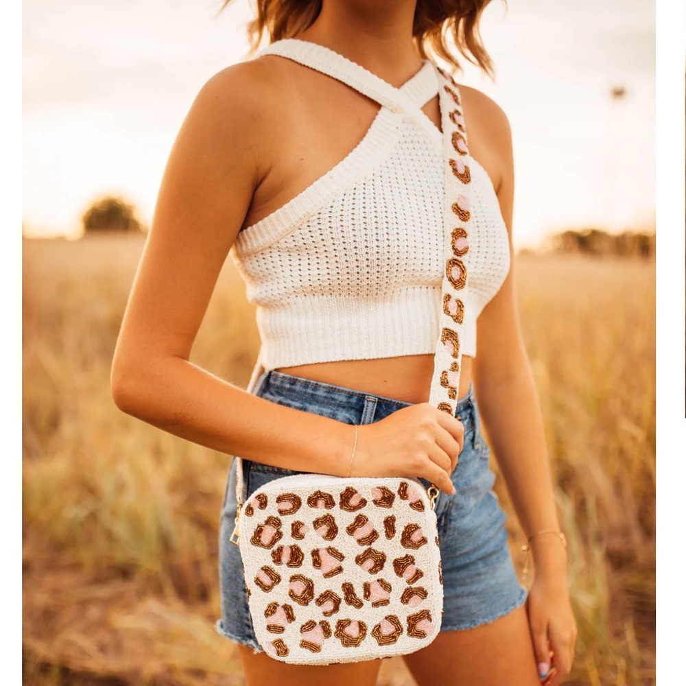 Pink Leopard Beautifully Beaded Box Crossbody Bag